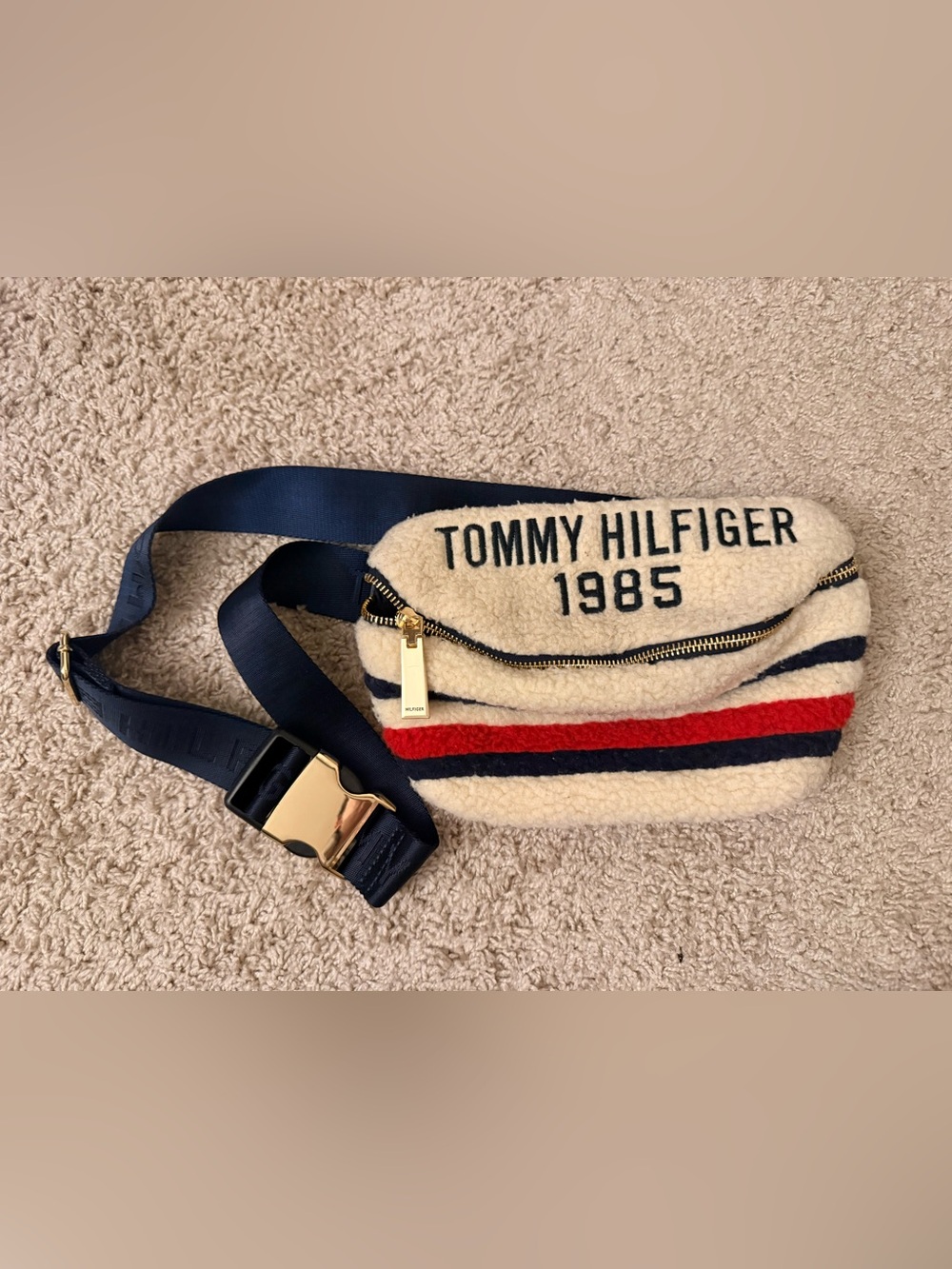 Tommy Hilfiger Cream Sherpa Waist Bag with Navy & Red Stripes